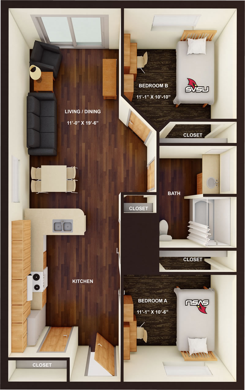 University Villiage and Pine Grove ADA 3D Floor Plan in color